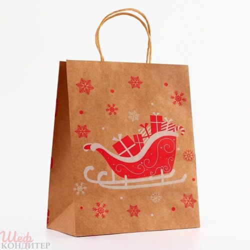 Пакет крафт с ручкой "Новогодние сани" 33х25х12 см
