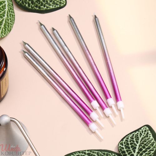 Свечи в торт Градиент фиолетовый-розовый-серебро 13см 6шт